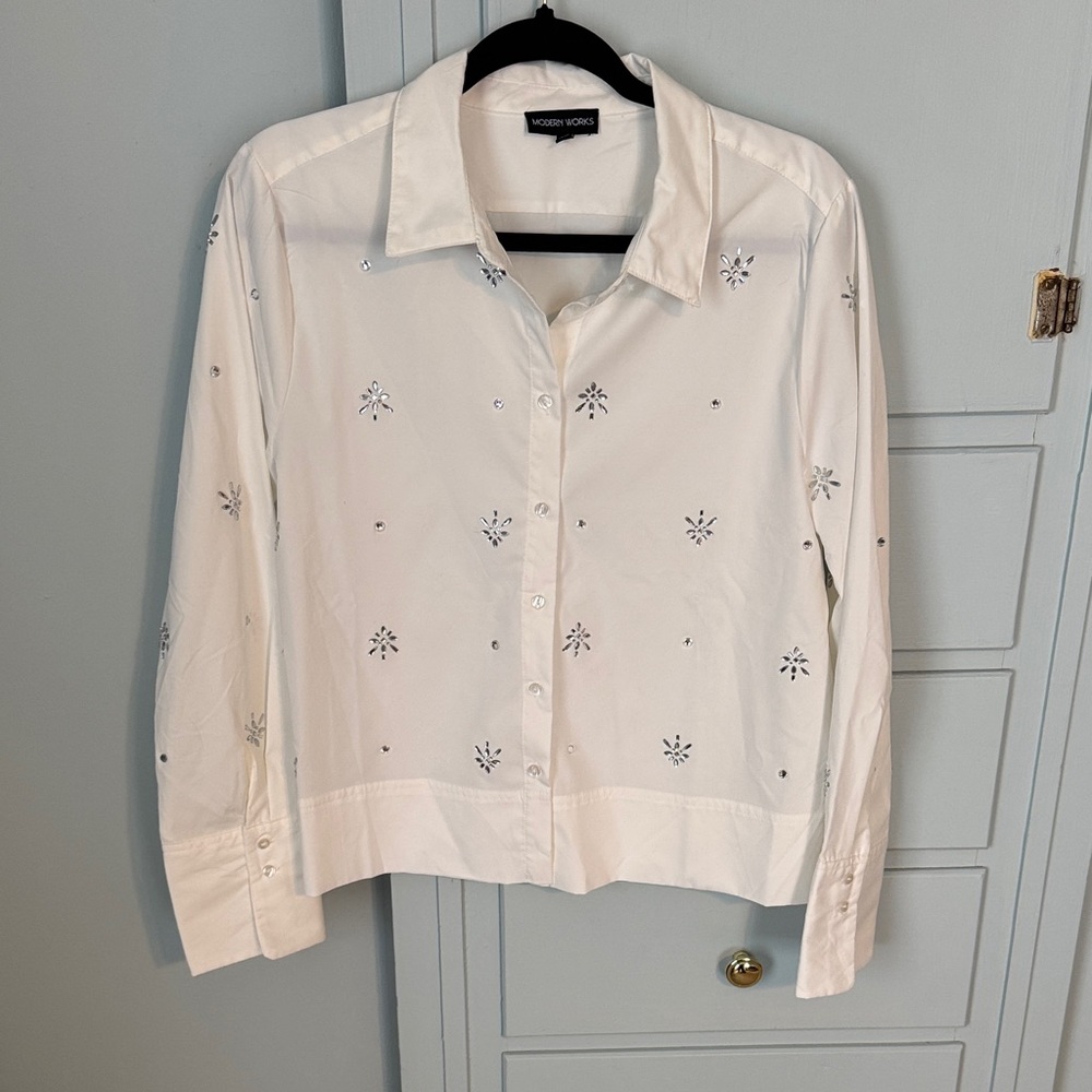 White Button-Up Shirt with Crystal Embellishments